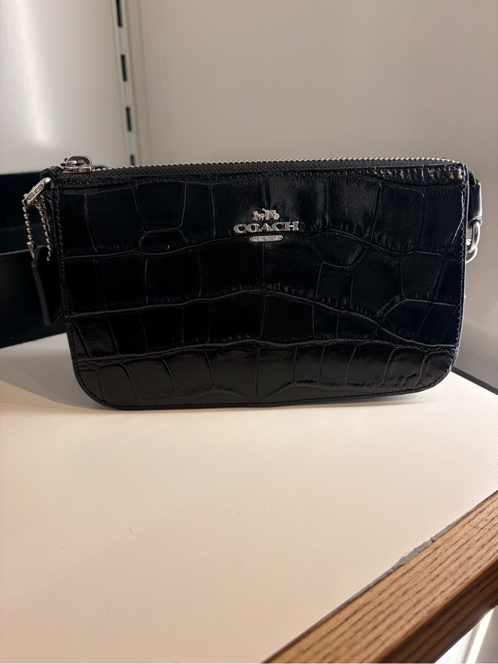 Coach Black Croc-Embossed Leather Belt Bag wristlet new